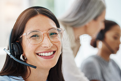 Buy stock photo Portrait, sales or happy woman consulting in call center talking or networking online in telecom support. Smile, headset or virtual assistant in communication or conversation at customer services