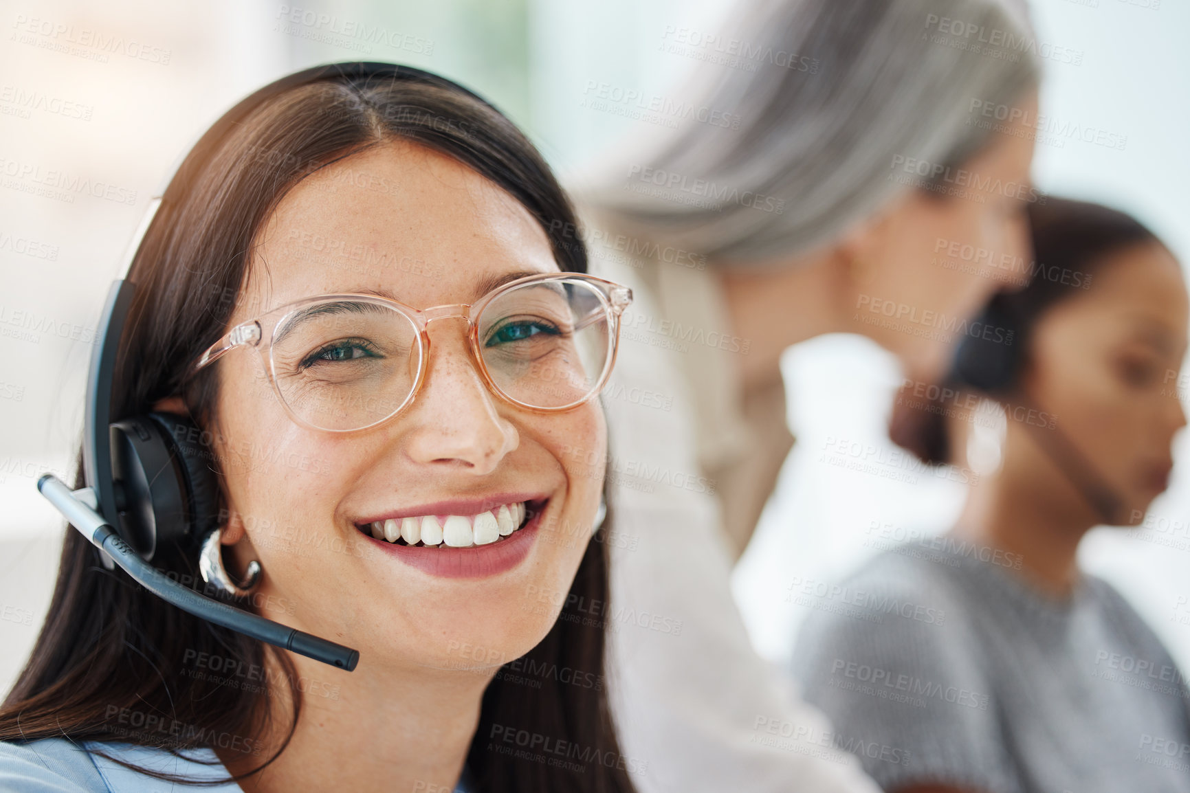 Buy stock photo Portrait, sales or happy woman consulting in call center talking or networking online in telecom support. Smile, headset or virtual assistant in communication or conversation at customer services