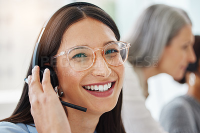 Buy stock photo Portrait, headset or happy woman consulting in call center talking or networking online in telecom support. Smile, agent or virtual assistant in communication or conversation at customer services