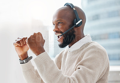 Buy stock photo Good news, success or happy black man in call center winning telemarketing deal or telecom bonus. Consultant, agent or excited virtual assistant in celebration of victory, goals or sales achievement