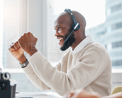Buy stock photo Good news, success or excited black man in call center winning telemarketing deal or telecom bonus. Consultant, agent or happy virtual assistant in celebration of victory, goals or sales achievement