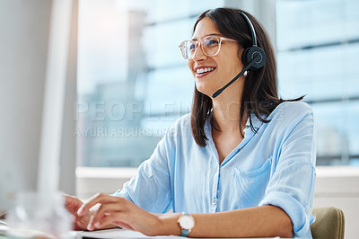 Buy stock photo Computer, email or happy woman consultant in call center talking or networking online in telecom office. Smile, girl typing or virtual assistant in communication or conversation at customer services