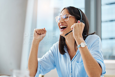 Buy stock photo Good news, success or happy woman in call center winning telemarketing or telecom bonus in office. Consultant, agent or excited virtual assistant in celebration of victory, goals or sales achievement
