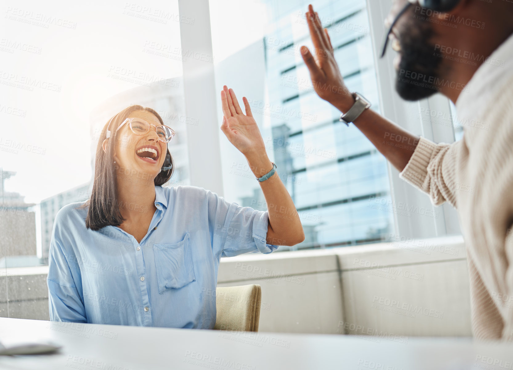 Buy stock photo High five, success and call center employees with motivation, winning and telemarketing support. Excited, happy and customer care workers with a gesture for winning, teamwork and consulting target