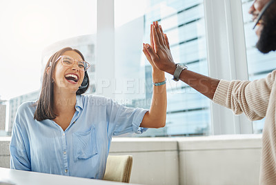 Buy stock photo High five, winning and call center employees with support, success and telemarketing celebration. Excited, happy and customer care workers with a gesture for celebrate, teamwork and consulting target