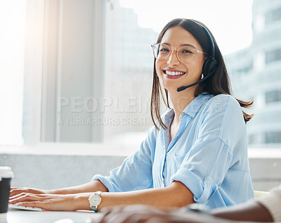 Buy stock photo Portrait, agent or happy woman consulting in call center networking online on computer in telecom support. Smile, typing or virtual assistant in communication or conversation at customer services