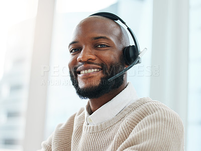 Buy stock photo Portrait, agent or happy black man in call center talking, consulting or networking in telecom office. Smile, sales support or virtual assistant in communication or conversation at customer services