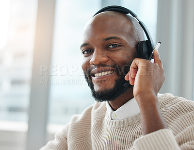 Buy stock photo Portrait, headset or happy black man in call center talking, consulting or networking in telecom office. Smile, sales agent or virtual assistant in communication or conversation at customer service