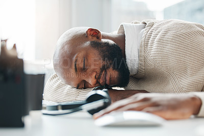 Buy stock photo Sleeping, burnout and tired agent in call center overwhelmed by deadlines with fatigue in customer service. Lazy worker, depressed consultant or exhausted black man resting or taking nap in overtime