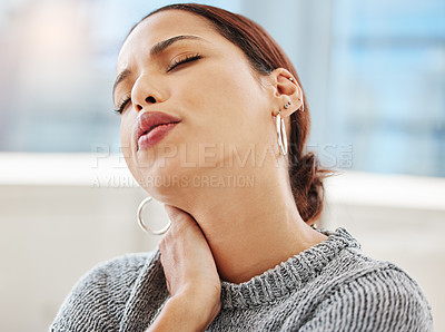 Buy stock photo Neck pain, injury or businesswoman with emergency crisis or hurt employee with agony or problem. Burnout, overworked or frustrated realtor injured or stressed by muscle strain, fatigue or headache