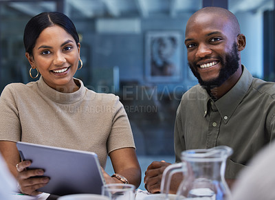 Buy stock photo Portrait, business people and happy team on tablet in office for meeting, planning information or app in agency. Diversity, employees and smile on digital technology for online research collaboration