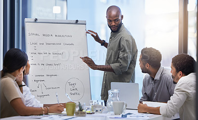Buy stock photo Business, whiteboard presentation and black man as leader in training, feedback and planning ideas in discussion. Seminar, brainstorming and marketing meeting in office, creative workshop or teamwork
