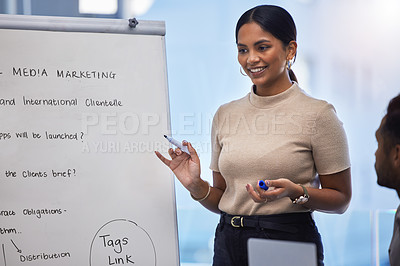 Buy stock photo Business, happy woman and leader at whiteboard for discussion, planning presentation and feedback in meeting. Marketing seminar, brainstorming and female manager training team in creative workshop