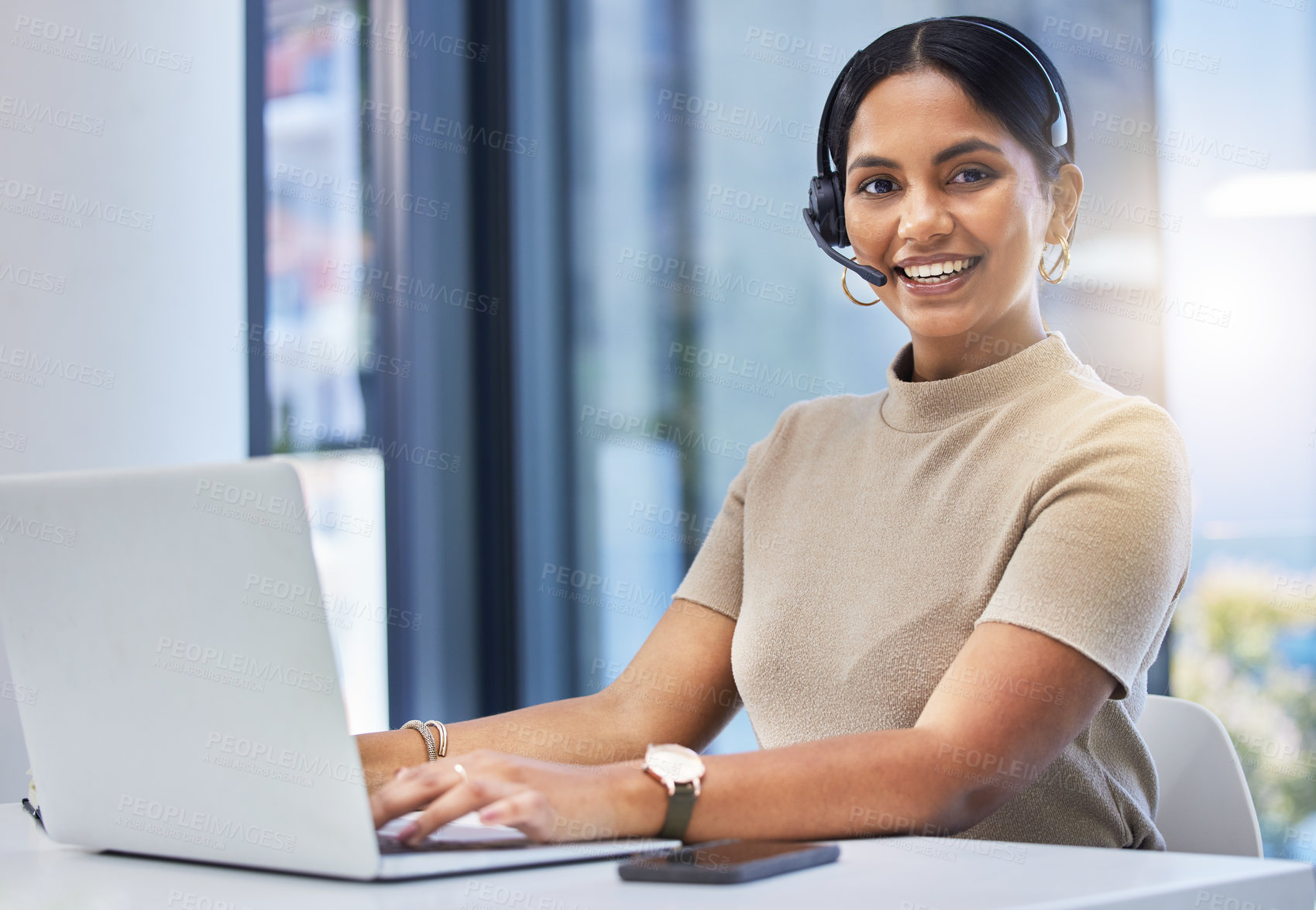 Buy stock photo Call center, happy woman and portrait of consultant at laptop for customer service, technical support and CRM. Female telemarketing agent at computer for advice, sales consulting or telecom help