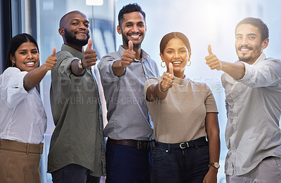 Buy stock photo Portrait of business people, happy teamwork and thumbs up for collaboration, agreement and office support. Diversity, group and employees with thumb sign for thank you, success and emoji for yes vote