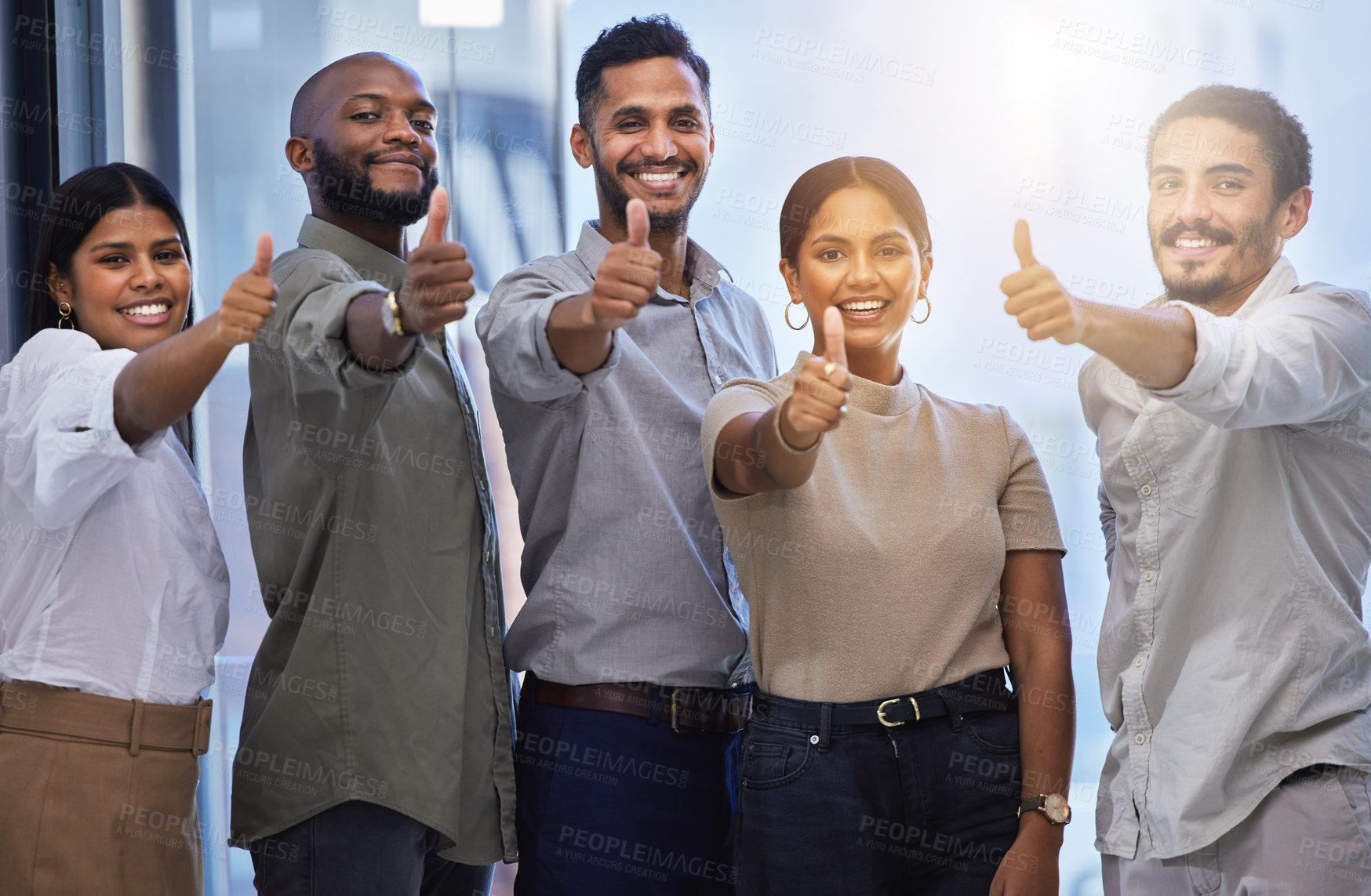 Buy stock photo Portrait of business people, happy teamwork and thumbs up for collaboration, agreement and office support. Diversity, group and employees with thumb sign for thank you, success and emoji for yes vote