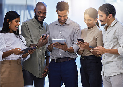 Buy stock photo Business people, group and technology on tablet, phones and mobile planning in office together. Happy employees, diversity and team in digital collaboration, sharing data or download media on web app