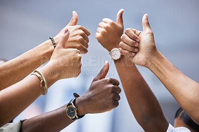Buy stock photo Closeup, people and thumbs up for collaboration, agreement and support of team building achievement. Group, thumb and hands sign for thank you, success and emoji for yes, vote and winning bonus goals