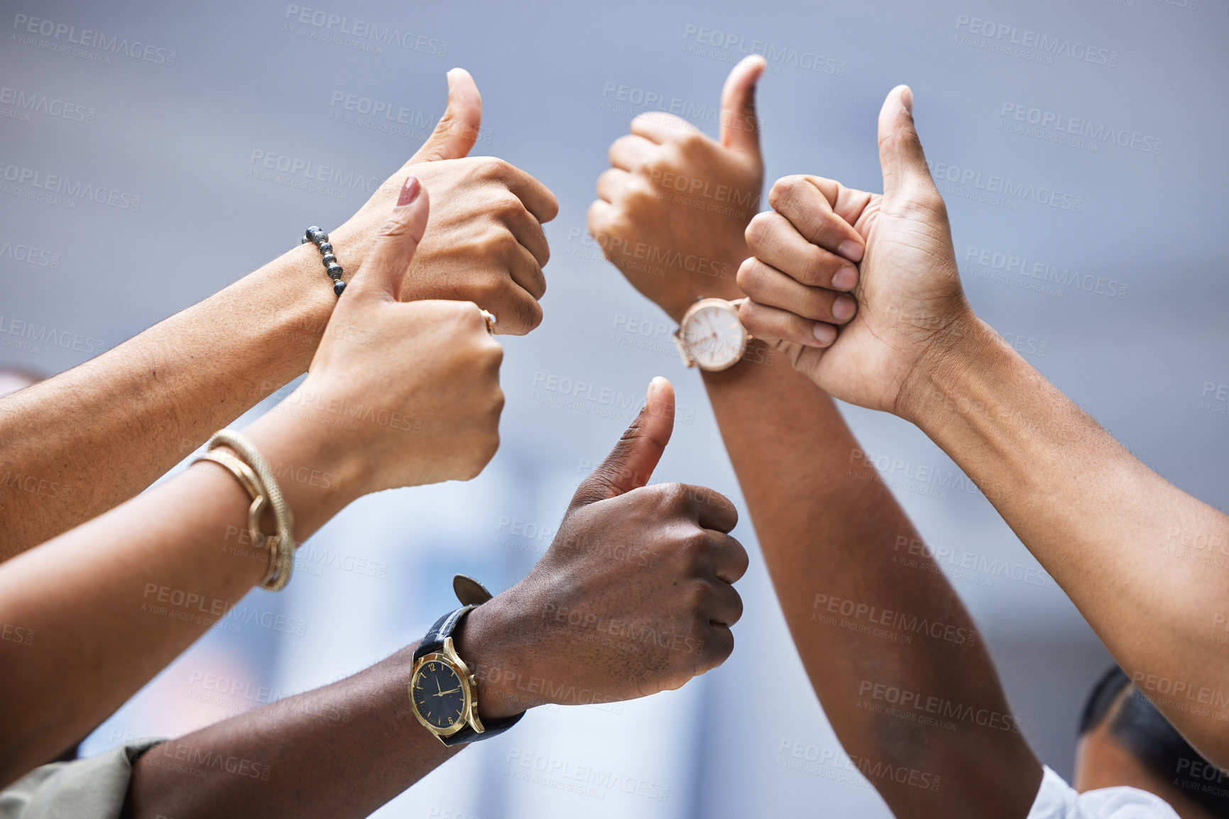 Buy stock photo Closeup, people and thumbs up for collaboration, agreement and support of team building achievement. Group, thumb and hands sign for thank you, success and emoji for yes, vote and winning bonus goals