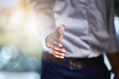 Buy stock photo Closeup, man and offer handshake for introduction, meeting and hello for interview, networking and trust. Worker stretching for shaking hands, welcome and thank you for HR agreement of promotion deal