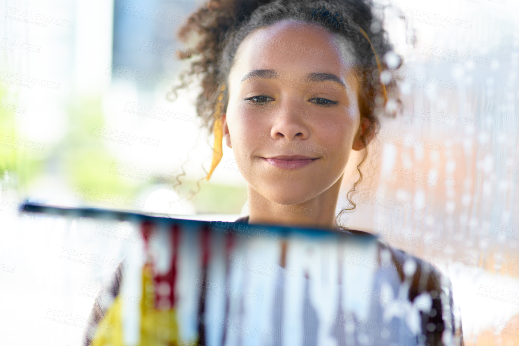 Buy stock photo Home, washing window and woman with hygiene, remove bacteria and foam with tools, happy and housekeeper. Maid, employee and girl with equipment, glass and hotel worker with cleaning service and job