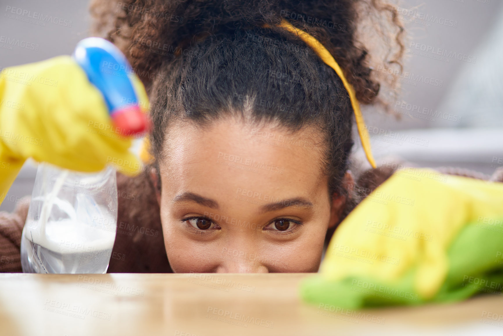 Buy stock photo Home, spray and woman with cleaning service, wipe and bottle to remove bacteria with disinfectant. Furniture surface, housekeeper person or apartment with girl and gloves or cloth dust table