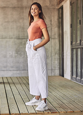 Buy stock photo Fashion, happy and portrait of woman by wall with casual, trendy and classy outfit with sneakers. Smile, stylish and full body of female person with cool, elegant and funky clothes for confidence.