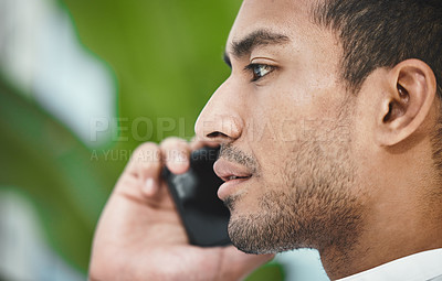 Buy stock photo Man, phone call and face profile with communication, networking with business contact and deal negotiation. Male employee talking on mobile, focus and b2b with mockup space, technology and closeup