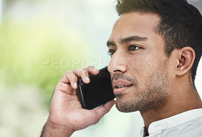 Buy stock photo Man on professional phone call, face and communication, networking with business contact and deal negotiation. Male employee talking on mobile, focus and b2b with mockup space and technology