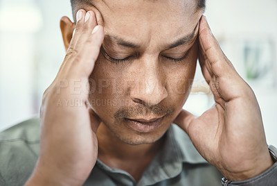 Buy stock photo Man, face and headache with pain and stress, massage temple with burnout and fatigue at office. Closeup of male person with migraine, work anxiety and mental health problem with crisis in workplace