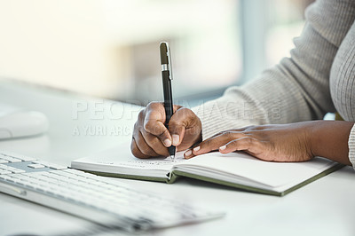 Buy stock photo Business woman, hands and writing with book for reminder, schedule planning or record keeping at office. Closeup of female person or employee taking notes for research and development at workplace