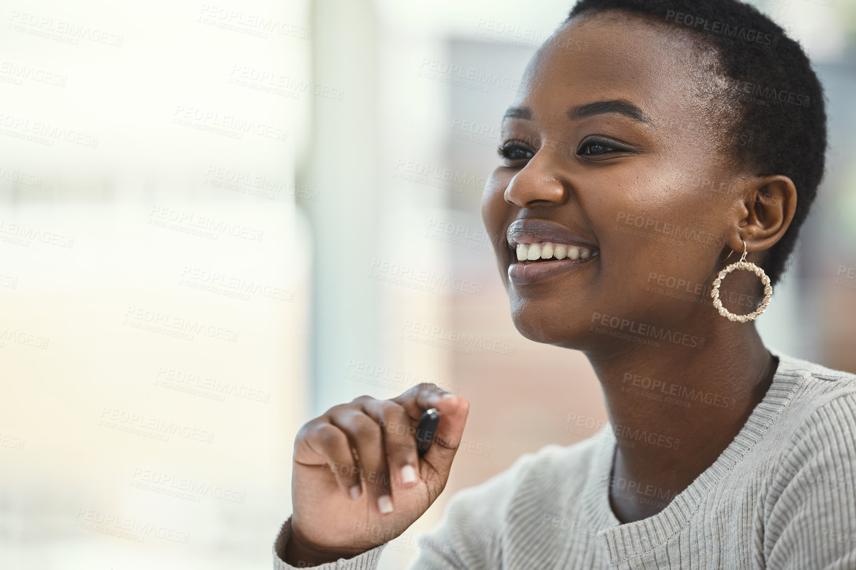 Buy stock photo Businesswoman, smile and office with thinking, proud and confidence for goals. Creative writer, professional news editor and expert reporter for content creation, publishing and press startup