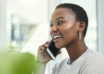 Buy stock photo Black woman on business phone call, smile with communication and networking with corporate contact. Happy female employee at office, talking on mobile and b2b with mockup space and technology