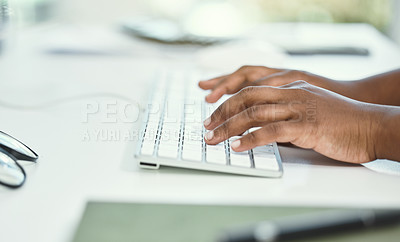 Buy stock photo Business, hands and woman with keyboard, typing and writer with editing, journalist or planning. Closeup, person or magazine editor with computer, professional or copywriting with feedback or website