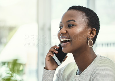 Buy stock photo Black woman on professional phone call, smile with communication and networking with business contact. Happy female employee at office, talking on mobile and b2b with mockup space and technology