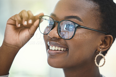 Buy stock photo Eye care, smile and black woman with glasses at store for vision, optometry or prescription lens. Retail, wellness and customer with spectacles frame for optics, eyesight or ophthalmology testing
