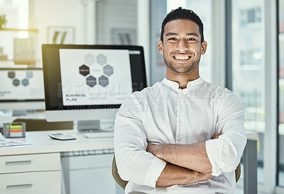 Buy stock photo Businessman, portrait and happy in office with computer screen for research, digital and project. Male developer, software and technology in workplace for review, media and  company website at desk