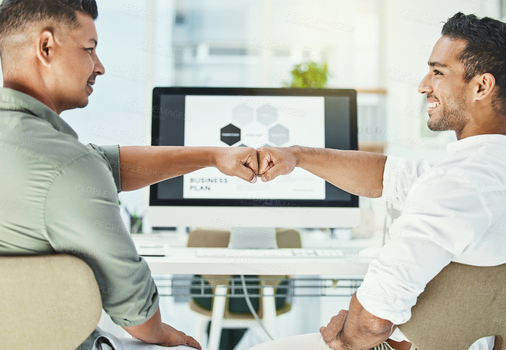 Buy stock photo Business men with fist bump, partnership and hands together with success and collaboration. Team building, professional male people and support with solidarity, trust and motivation in the workplace