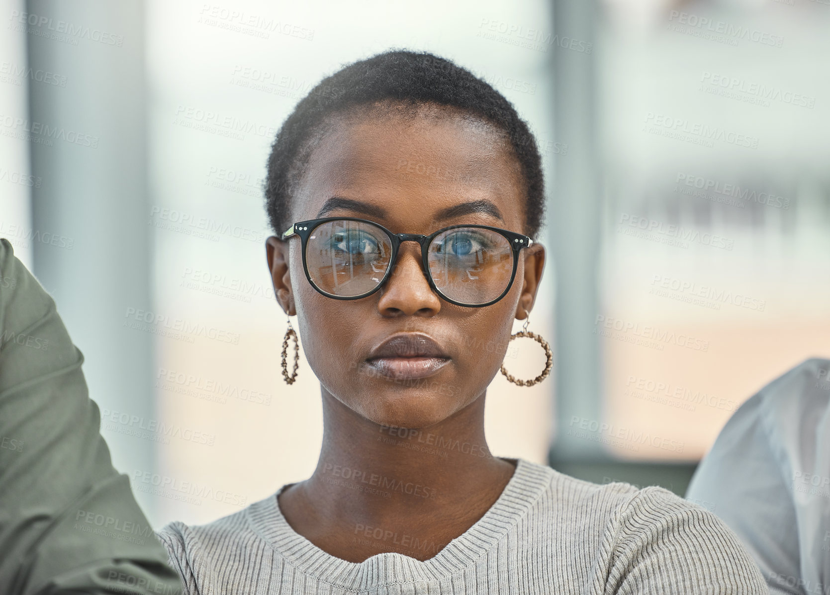 Buy stock photo Business portrait, glasses and serious black woman in office with mindset of ambition for start of career. Confident, face and mission with professional employee in workplace for empowerment