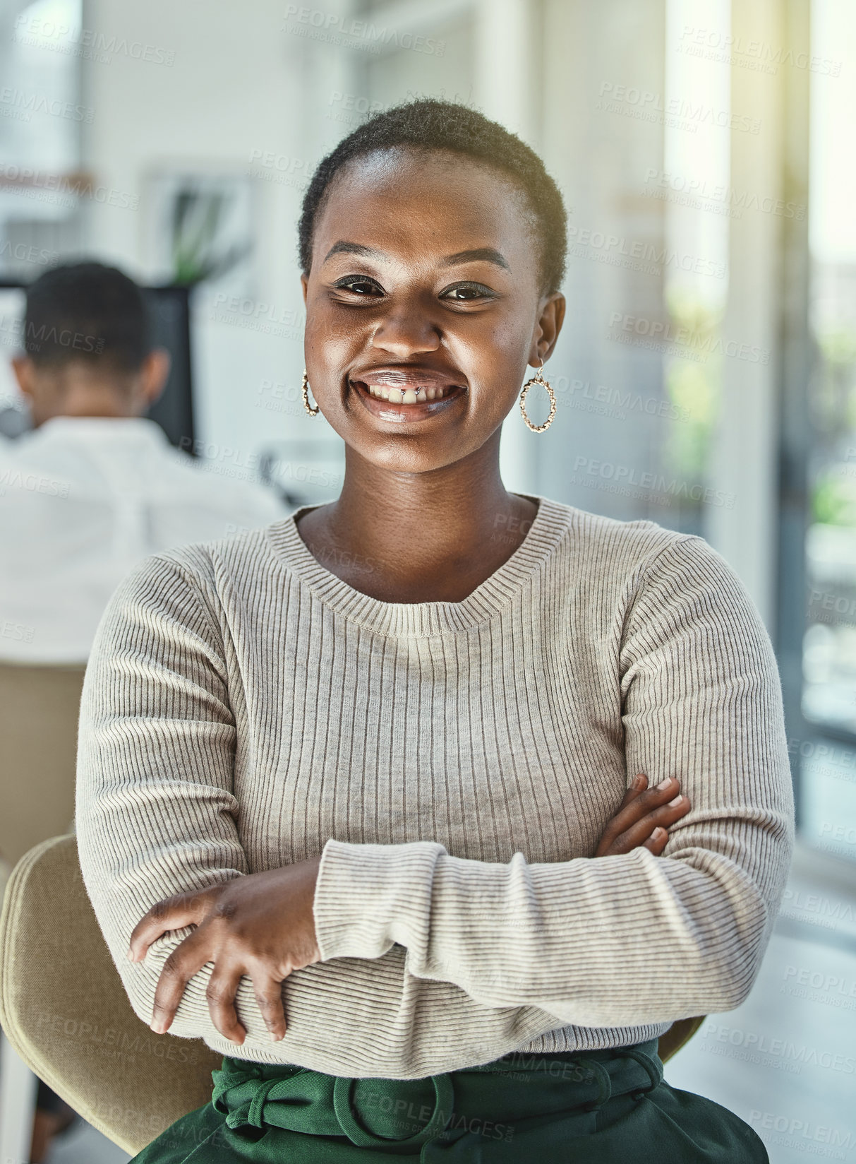 Buy stock photo Portrait, business and black woman with arms crossed, smile and happiness in modern office. African person, face or employee with confidence, pride and startup with career ambition or creative agency