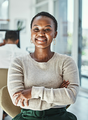 Buy stock photo Portrait of a happy young businesswoman sitting in an office