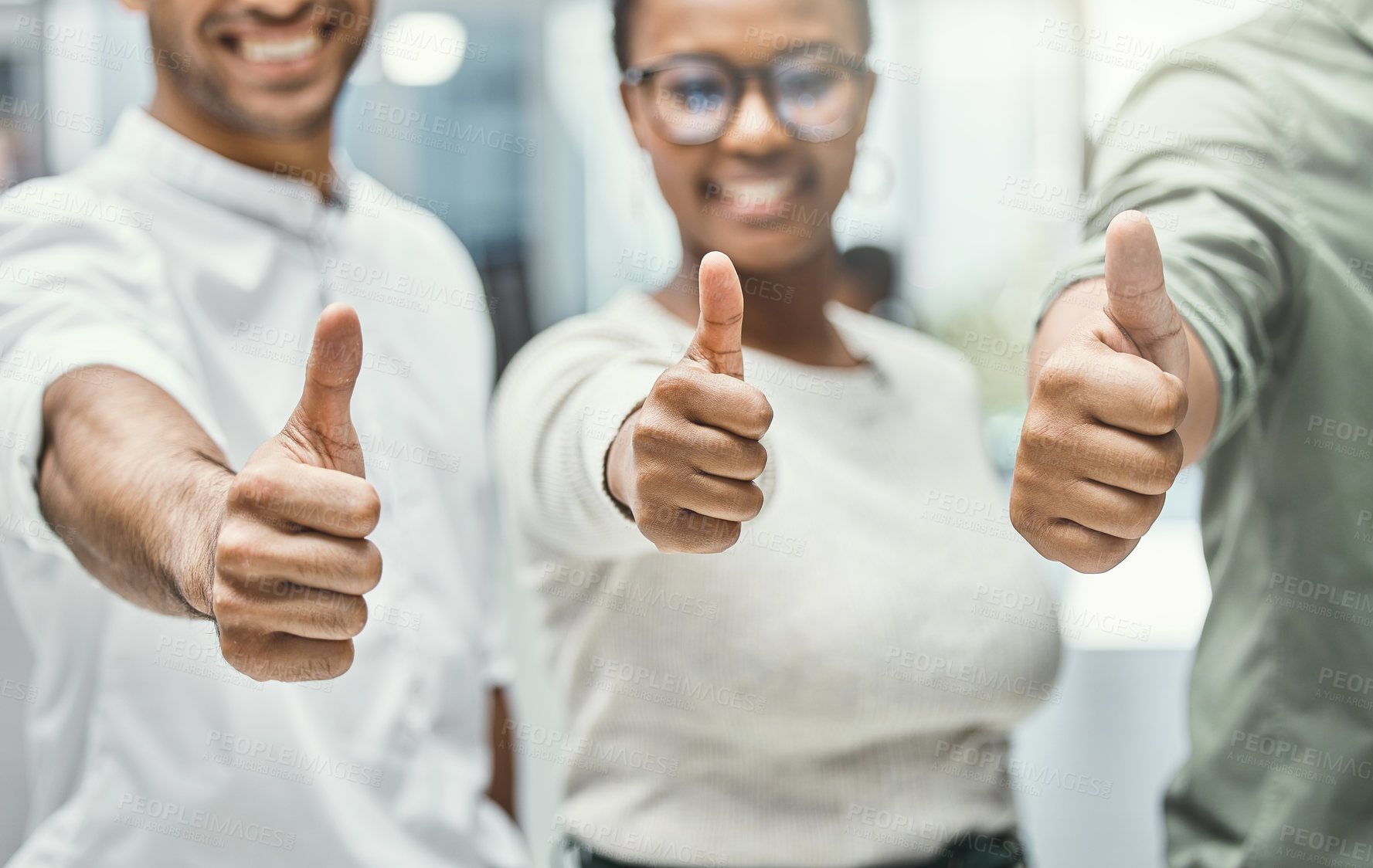 Buy stock photo Thumbs up, positive and diverse business team with thank you energy for motivation. Workers, professional and corporate teamwork for inspiration, solidarity and collaboration or staff smile happiness