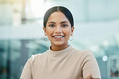 Buy stock photo Portrait, smile and business woman, designer or creative in office workplace. Face, happy and female entrepreneur, professional or design employee from India with pride for career, job and company.