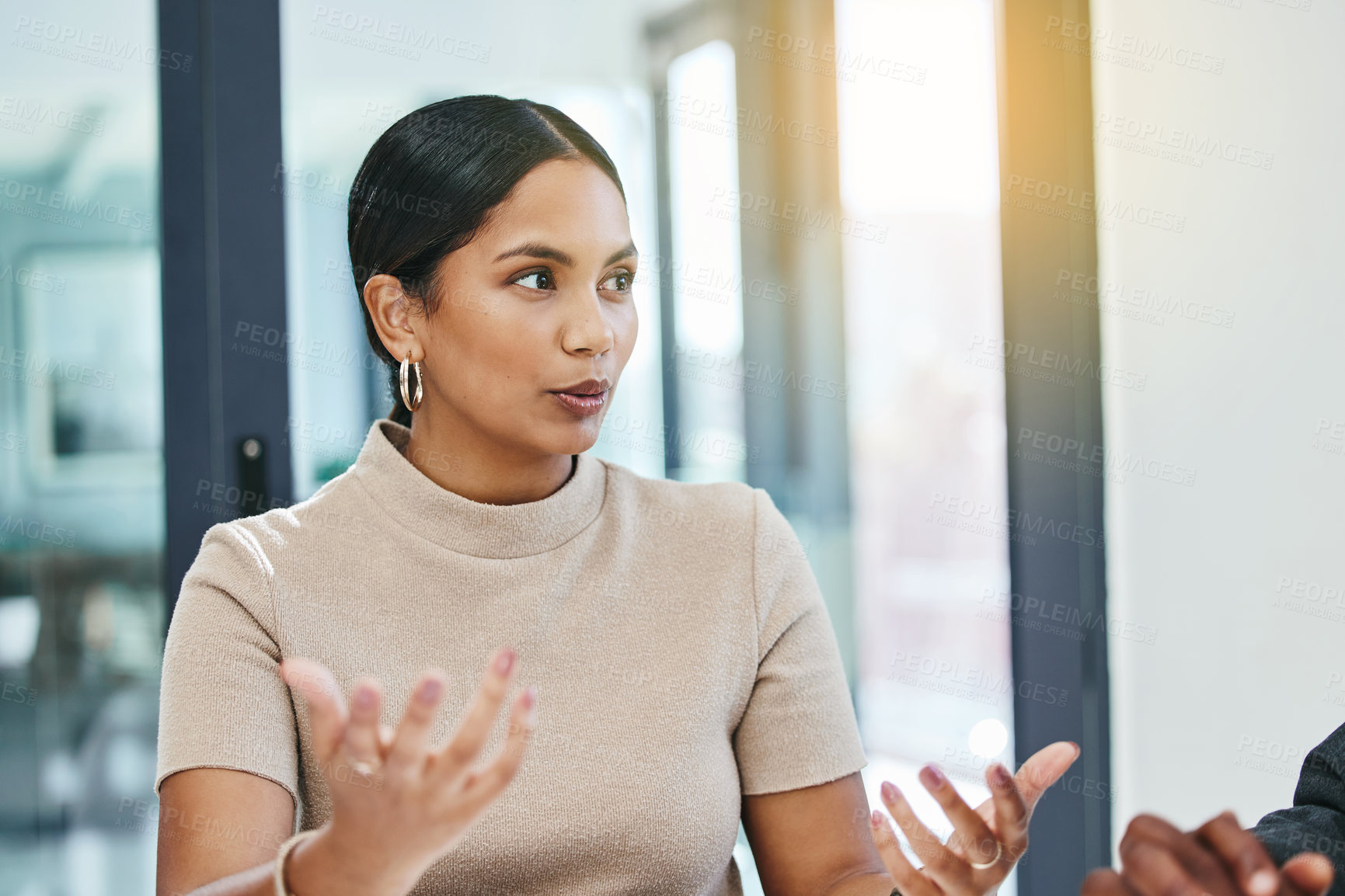 Buy stock photo Meeting, talking and business woman in office for planning creative project in collaboration. Discussion, teamwork and professional female interior designer with explanation for group in boardroom.