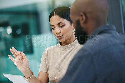 Buy stock photo Team planning, businesswoman in meeting with a tablet and her coworker in a finance office at work. Communication, teamwork and search with accountants brainstorming together at modern workplace.