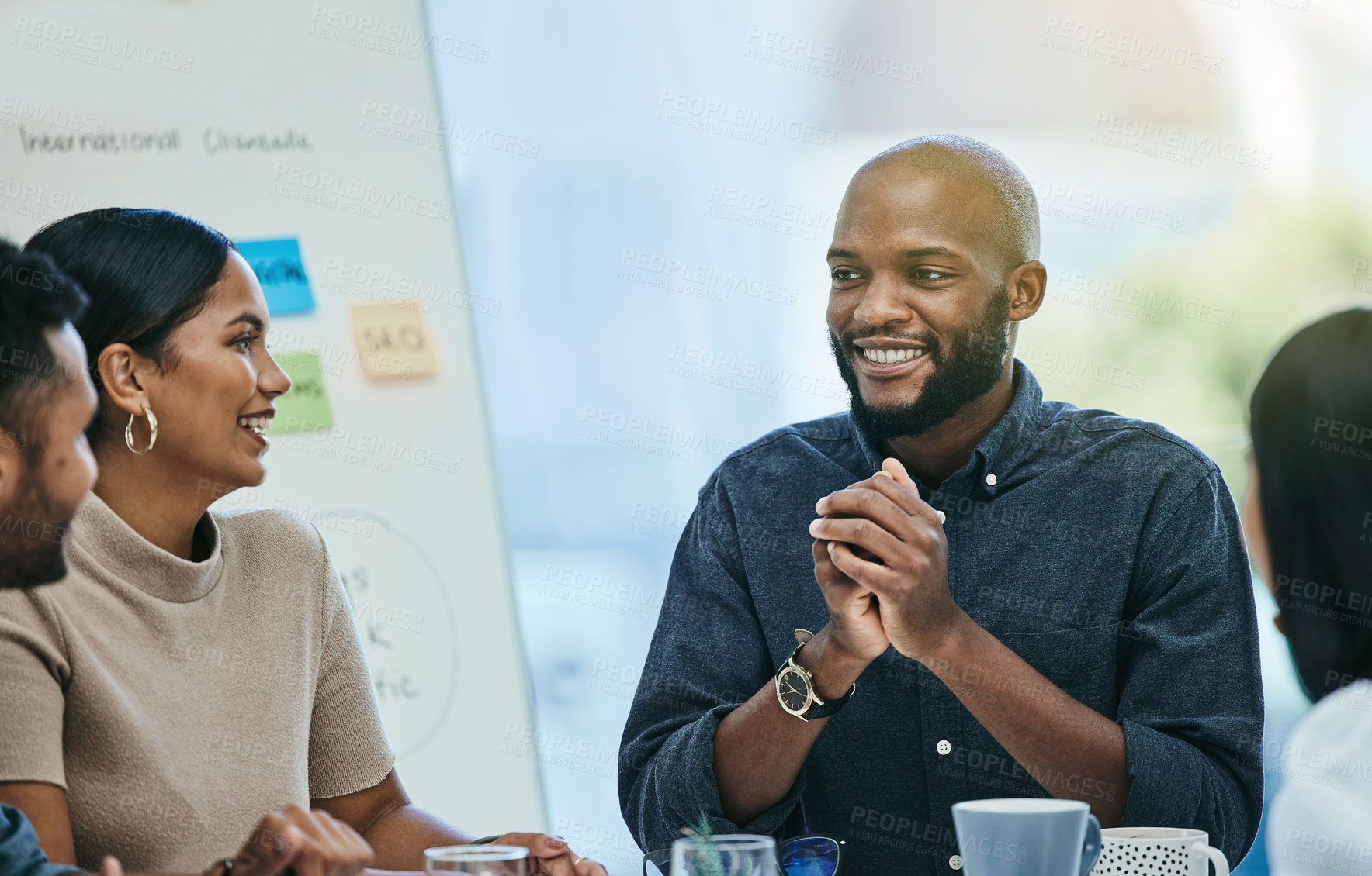 Buy stock photo Meeting, planning and talking with business people in office to explain company vision for direction. Brainstorm, collaboration and mission with professional team speaking as colleagues in boardroom