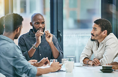 Buy stock photo Discussion, meeting and business people planning, brainstorming and staff collaboration, ideas and group listening. Speaking, strategy and black man or employees in teamwork, workflow and talking
