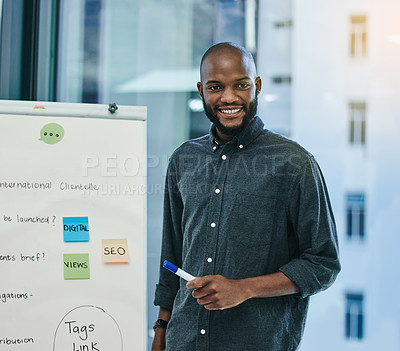 Buy stock photo Whiteboard, presentation and black man with meeting ideas, brainstorming and project goals for seo and digital agency. Happy speaker, presenter or manager person with business board for startup job