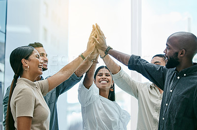 Buy stock photo High five, business people and happy success, support and teamwork for company sales, meeting and group winning. Yes, celebration and women, men or team hands together for helping, target and mision