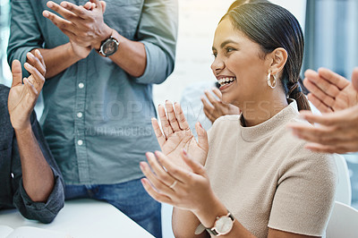 Buy stock photo Clapping, winning and happy business people for success, celebration and teamwork goals, target or promotion. Applause, cheers and excited woman with winner team celebrate and meeting collaboration